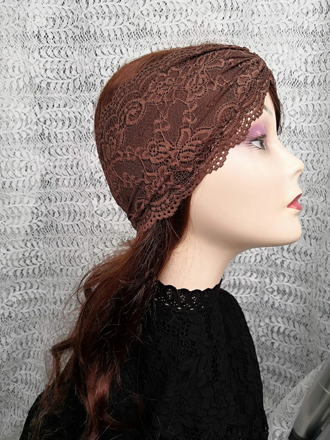 6'' Wide Lace Headbands for Women Headcovering Church Lace Headwrap for Women (Brown)
