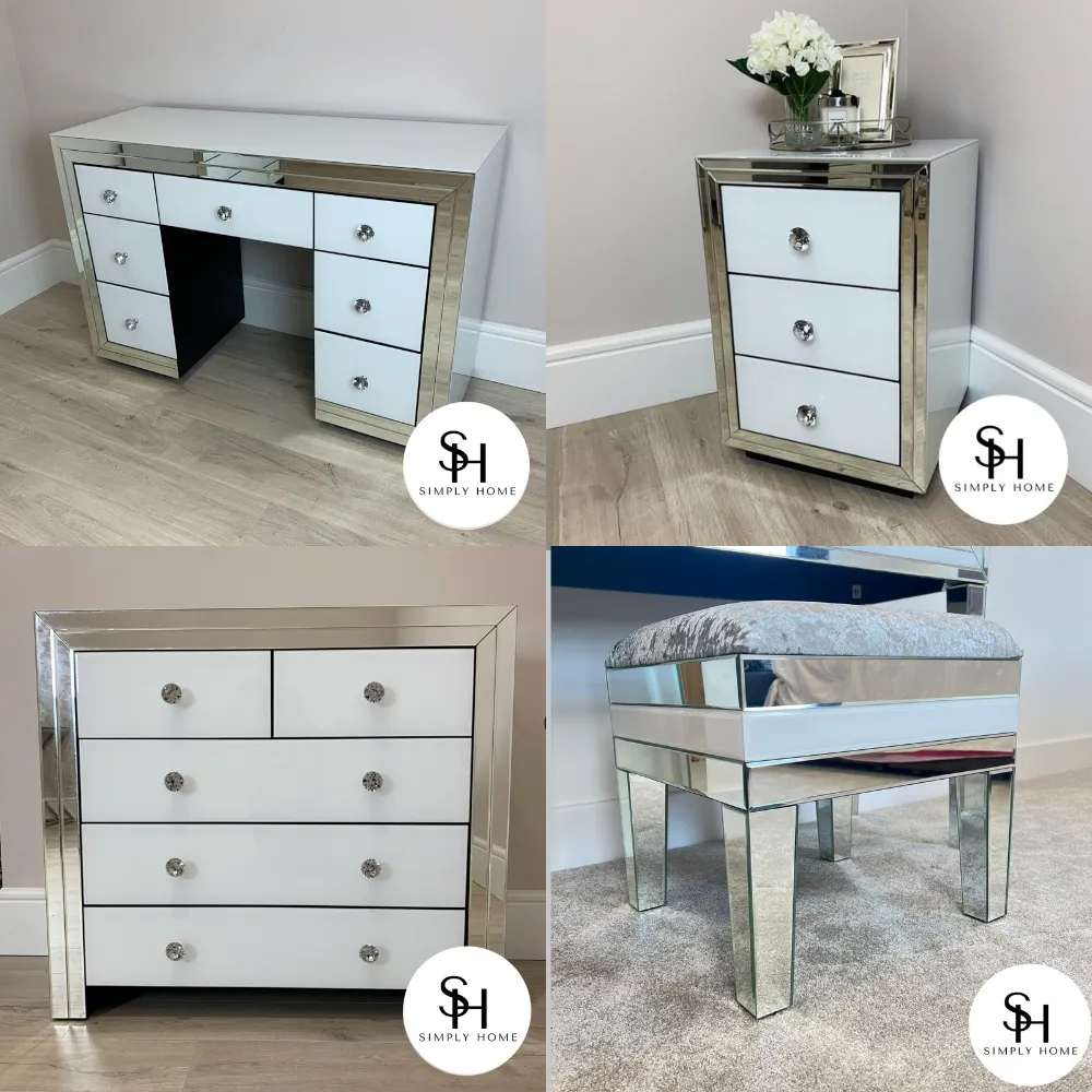 Classic White dresser & Stool, Classic White Chest of Drawers and 2x Classic White Bedside Table