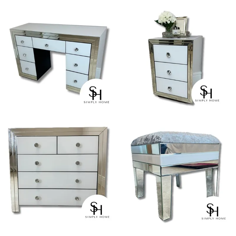 Classic White dresser & Stool, Classic White Chest of Drawers and 2x Classic White Bedside Table