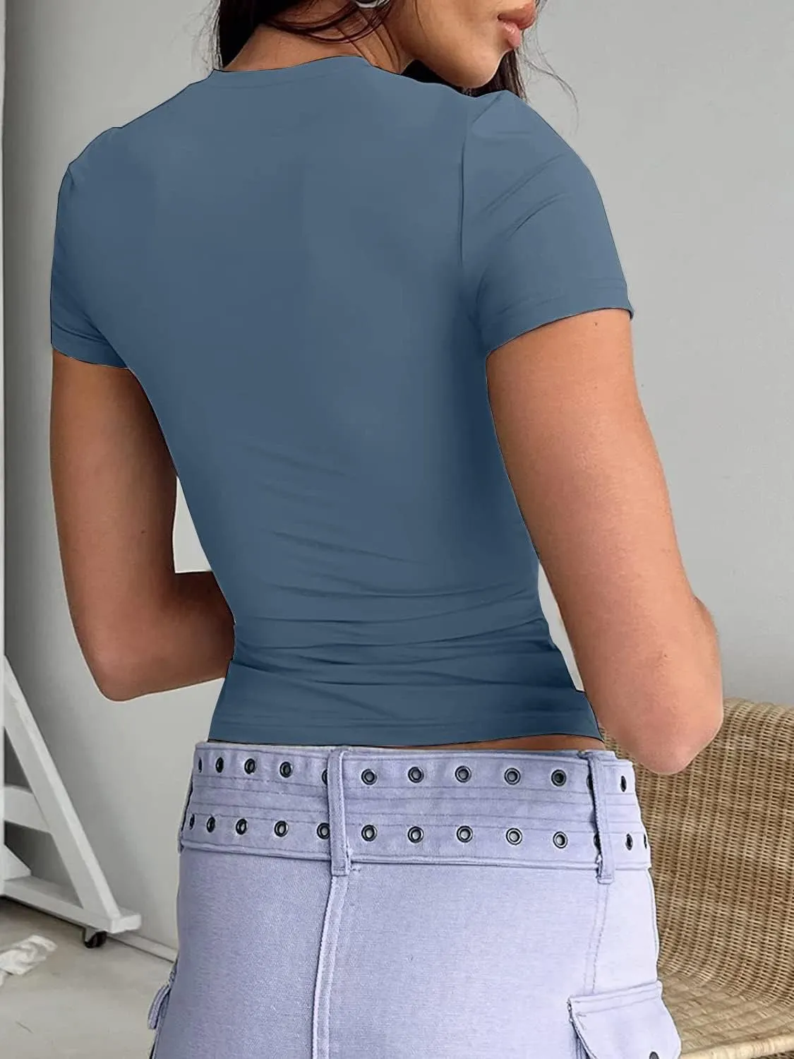Dwnval Women Sexy Basic T Shirts Tops Summer Short Sleeve Crewneck Slim Fit Cute Crop Top Blouses