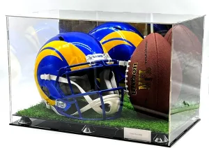Football Helmet & Ball Acrylic Display Case Box Mirror Artifical Grass Turf 2 Level Riser Showcase Shoes 20x12x12