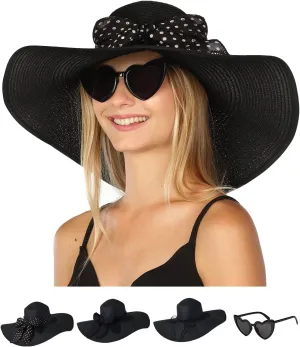 Funcredible Sun Hat for Women - Wide Brim Hat - Large Floppy Beach Hat - Straw Sun Hats with Bow and Heart Shape Glasses