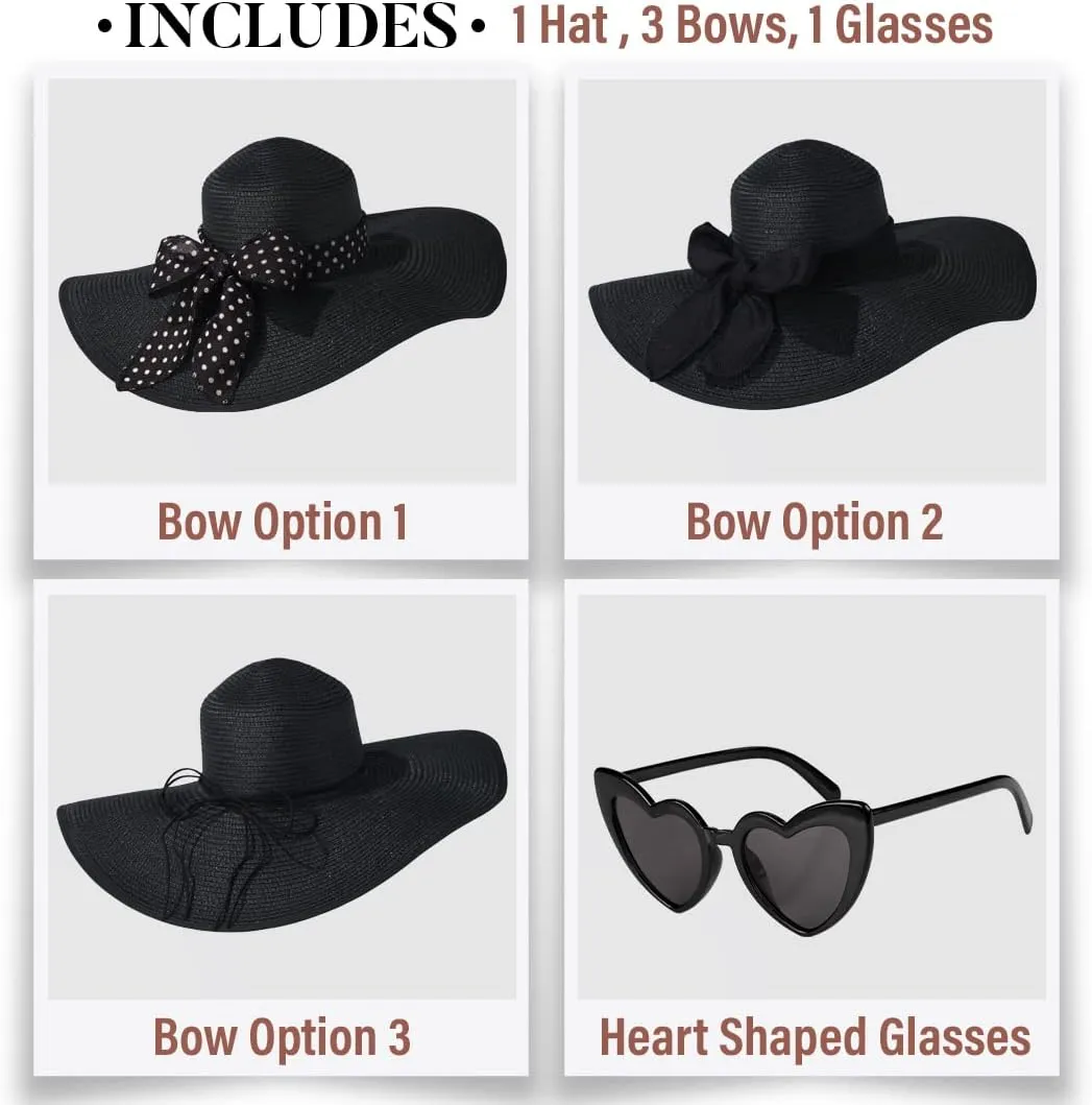 Funcredible Sun Hat for Women - Wide Brim Hat - Large Floppy Beach Hat - Straw Sun Hats with Bow and Heart Shape Glasses