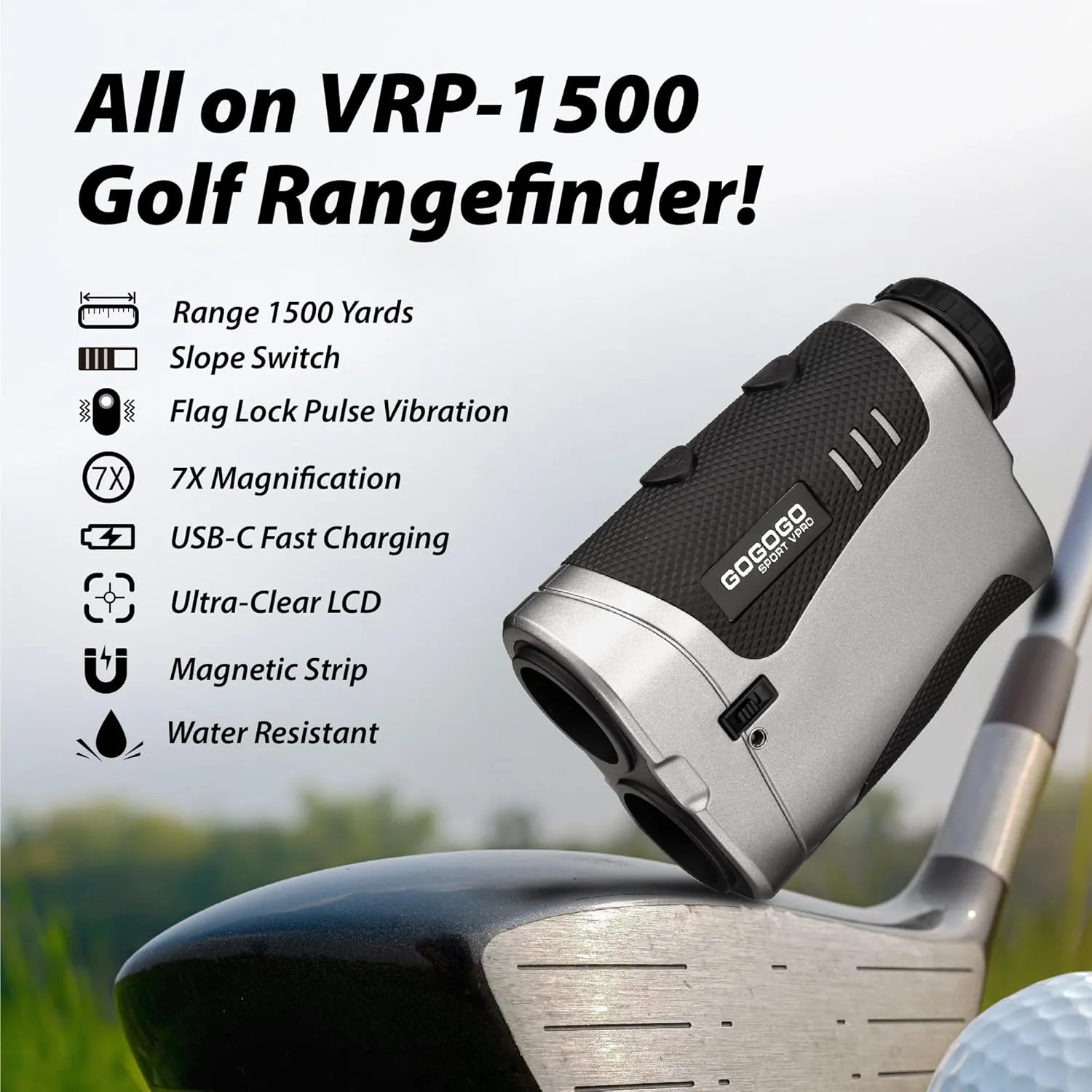 Gogogo Sport Vpro VRP Golf Rangefinder with Slope Switch, 1500/2500 yd, 7X Magnification, Magnet Stripe, 0.3yd Accuracy, Rechargeable Range Finders for Golfing/Hunting,Golf Accessories