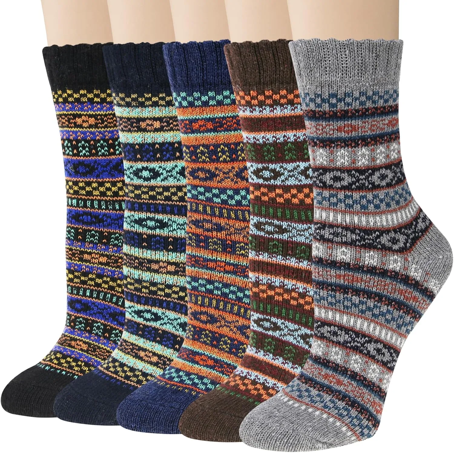 Justay 5 Pairs Wool Socks for Women - Winter Thick Boot Cozy Crew Vintage Soft Calf Knit Warm Socks Gifts