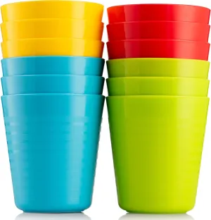 Kids Plastic Cups, Set of 12, 8 oz, Unbreakable, Reusable, Dishwasher Safe, BPA-Free, Bright Colored Kids Tumblers
