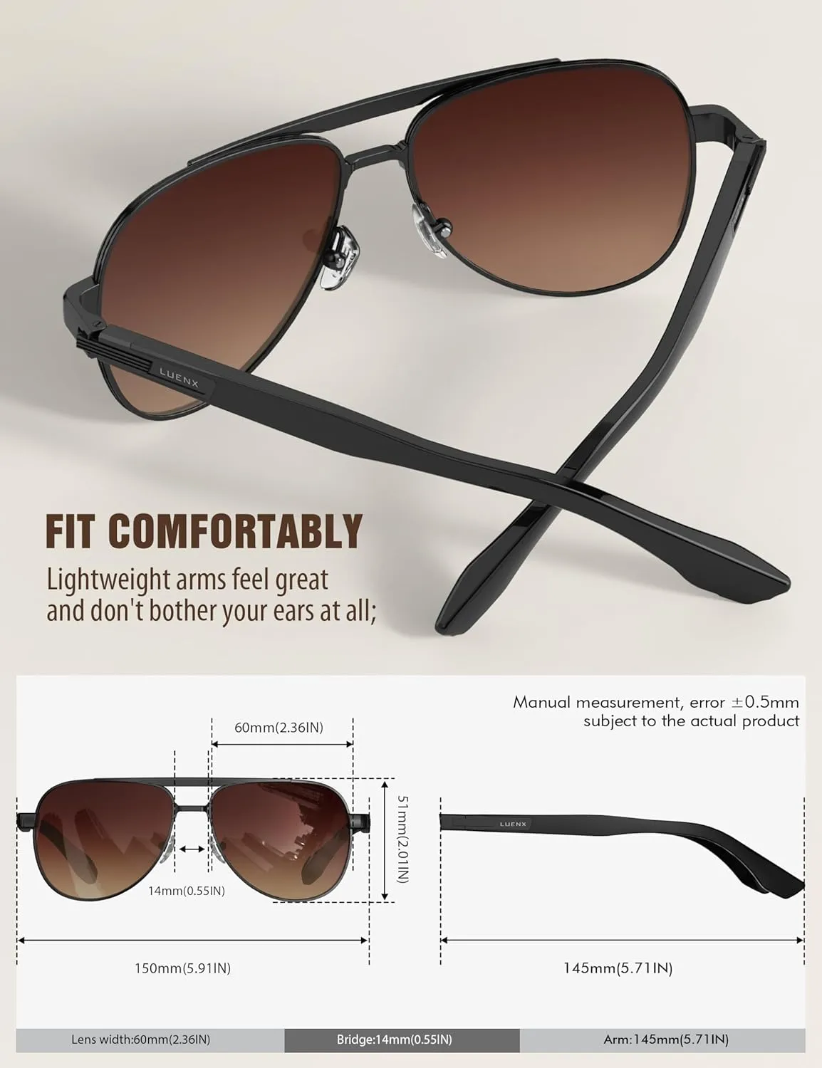 LUENX Aviator Sunglasses for Men Polarized Trendy Shades Driving UV 400 Protection