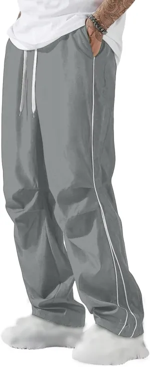 Men's Casual Drawstring Parachute Pants Baggy Elastic Waist Pants Side Stripes Athletic Loose Tousers with Pockets