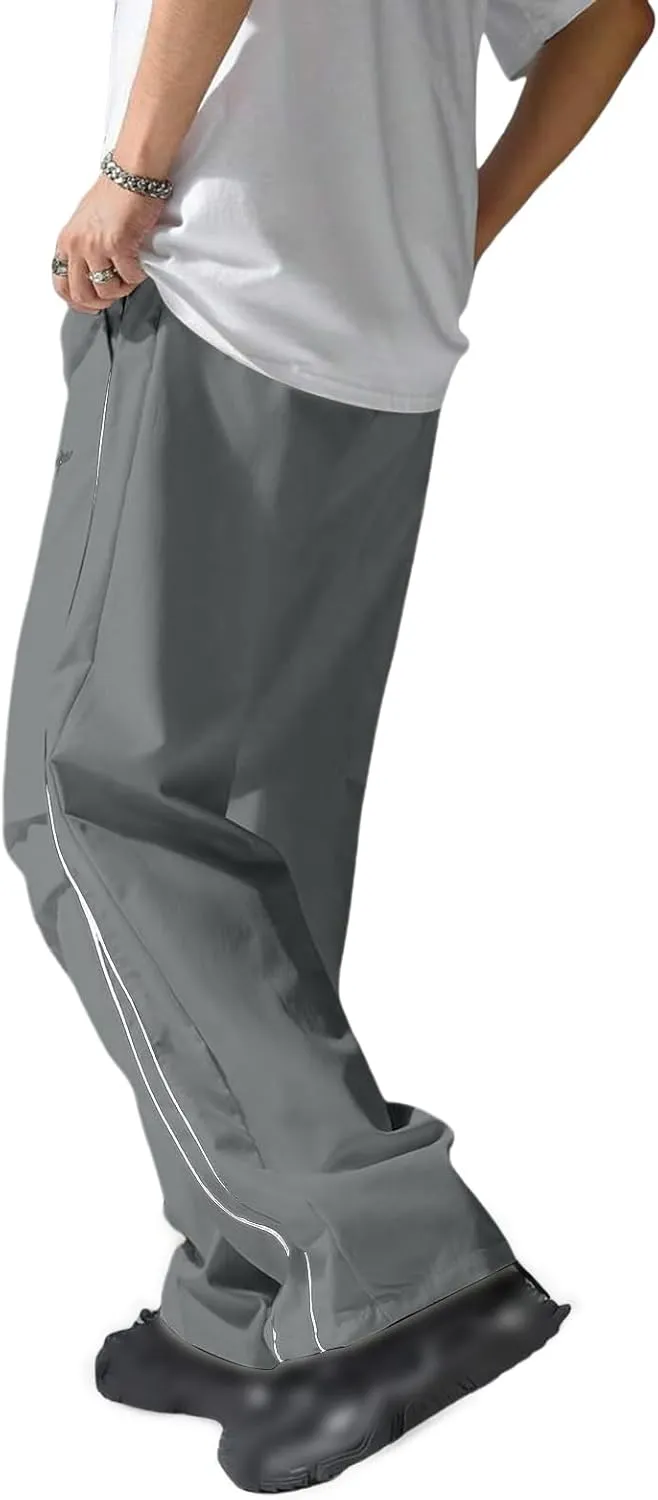 Men's Casual Drawstring Parachute Pants Baggy Elastic Waist Pants Side Stripes Athletic Loose Tousers with Pockets