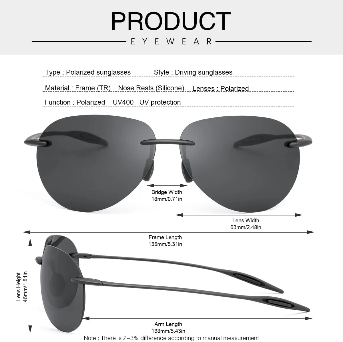 MIRYEA Rimless Polarized Sport Sunglasses for Men Women UV400 Protection Driving Fishing Cycling Golf Lightweight Sun Glasses