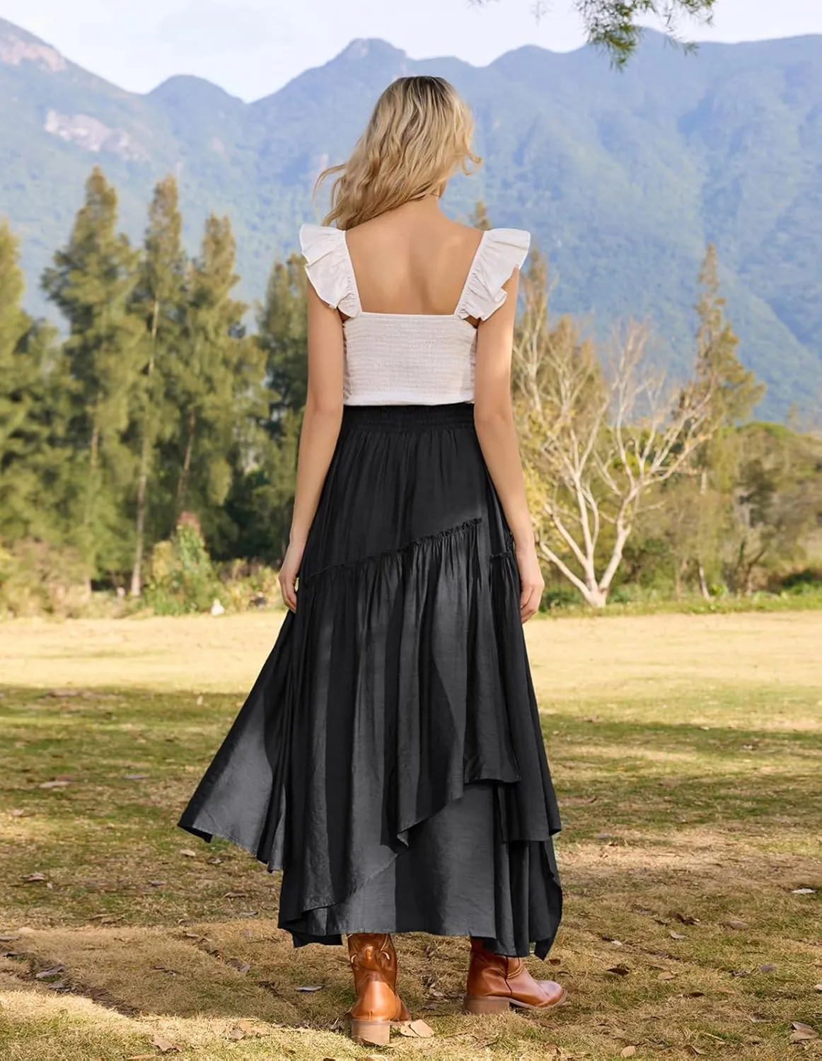 Scarlet Darkness Women Renaissance Layered Long Skirt Elastic High Waist Tiered Skirt with Pockets
