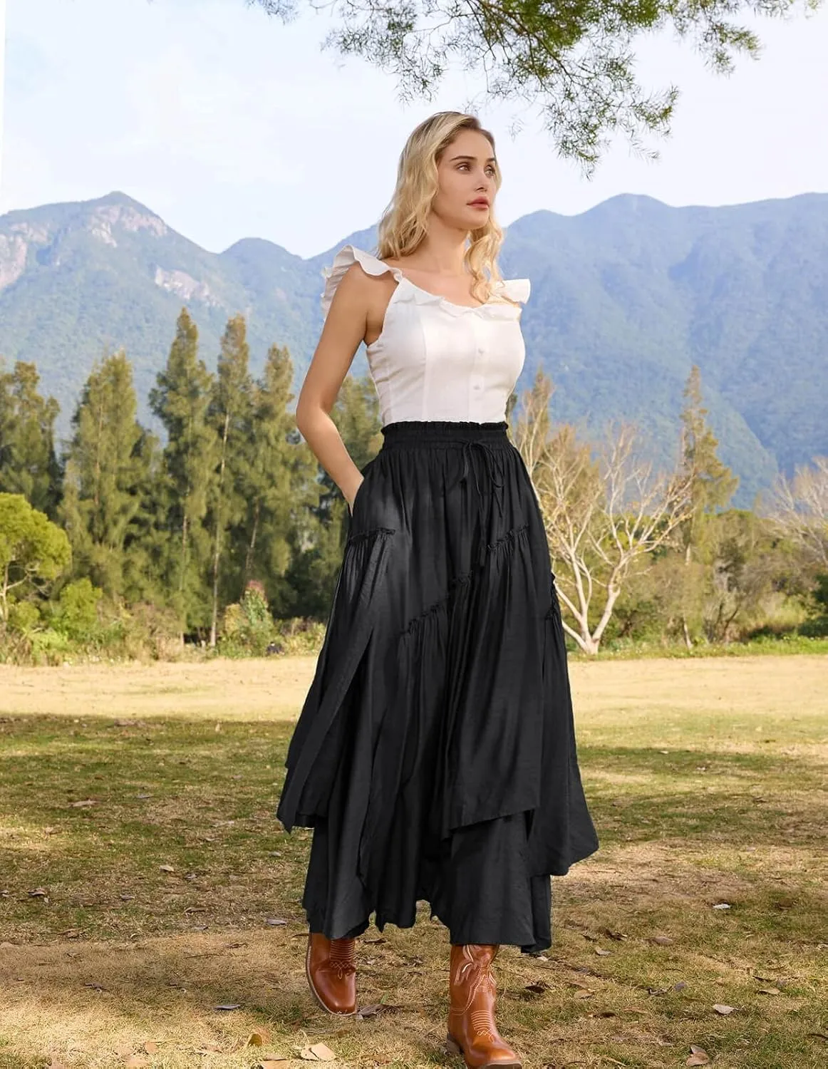 Scarlet Darkness Women Renaissance Layered Long Skirt Elastic High Waist Tiered Skirt with Pockets