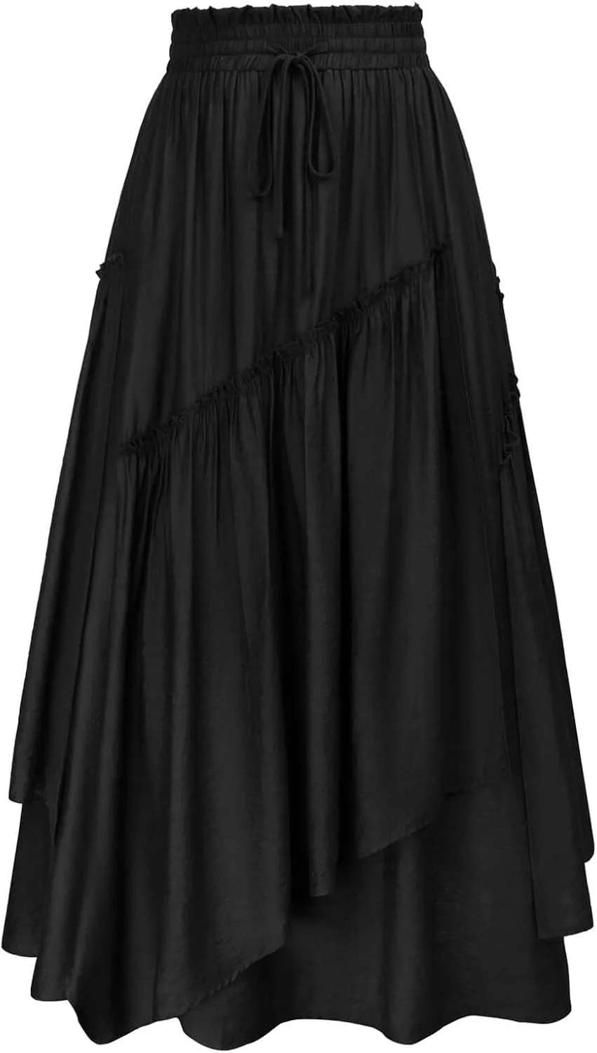Scarlet Darkness Women Renaissance Layered Long Skirt Elastic High Waist Tiered Skirt with Pockets