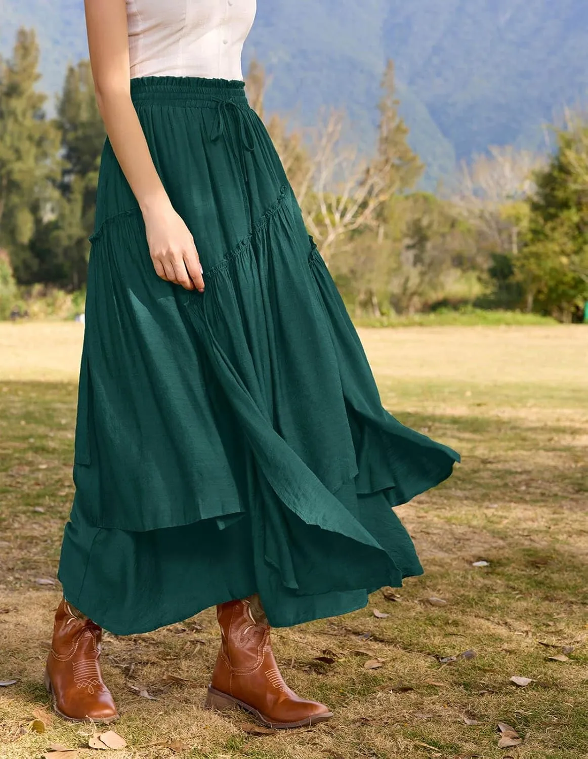 Scarlet Darkness Women Renaissance Layered Long Skirt Elastic High Waist Tiered Skirt with Pockets