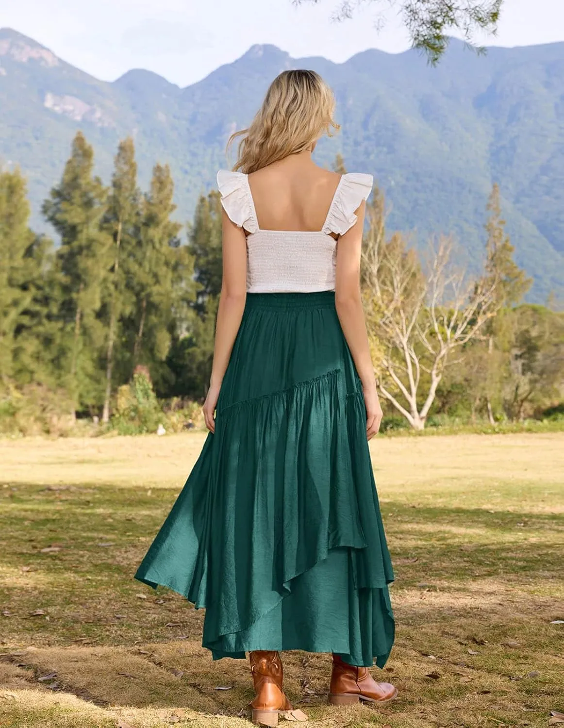 Scarlet Darkness Women Renaissance Layered Long Skirt Elastic High Waist Tiered Skirt with Pockets