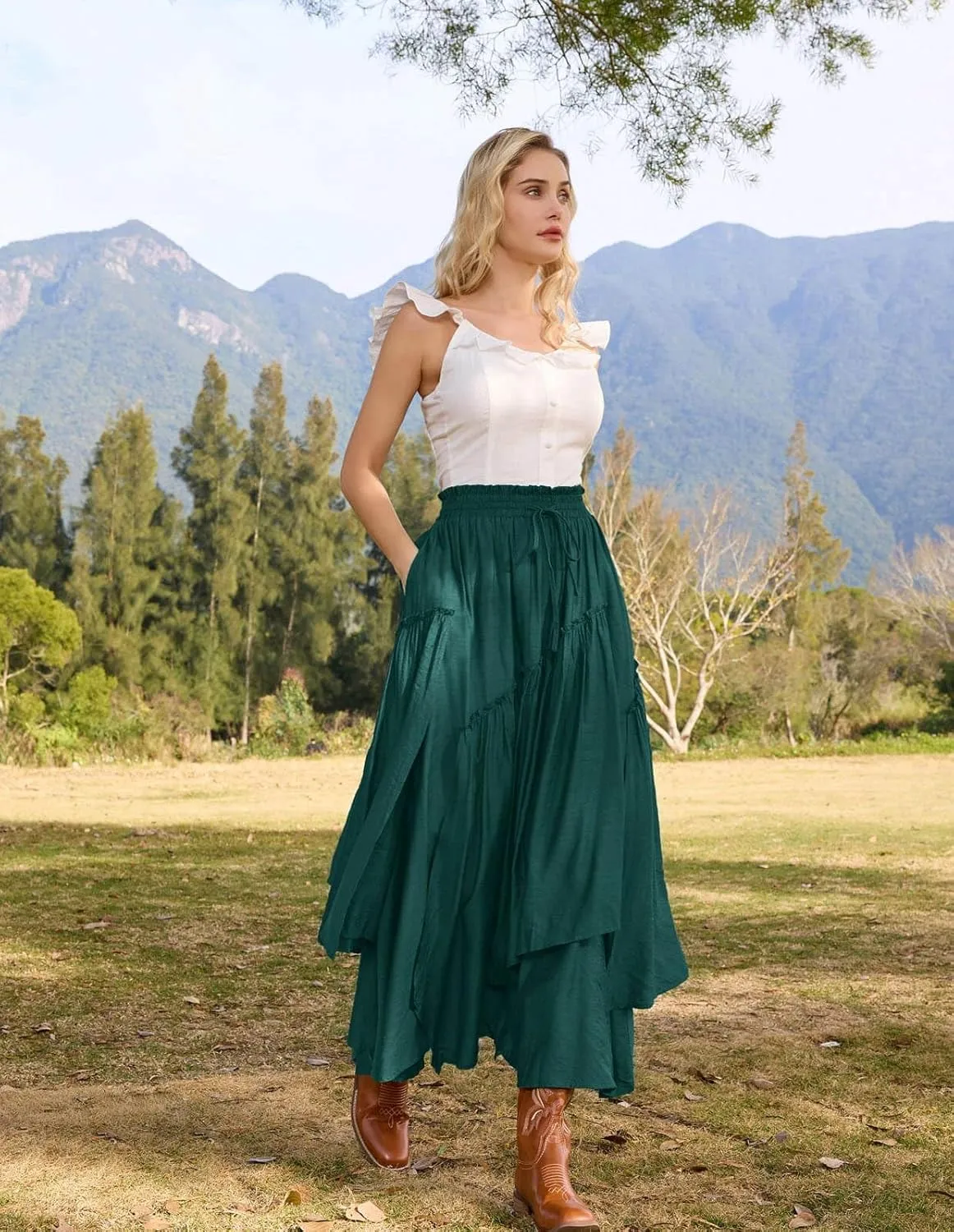 Scarlet Darkness Women Renaissance Layered Long Skirt Elastic High Waist Tiered Skirt with Pockets