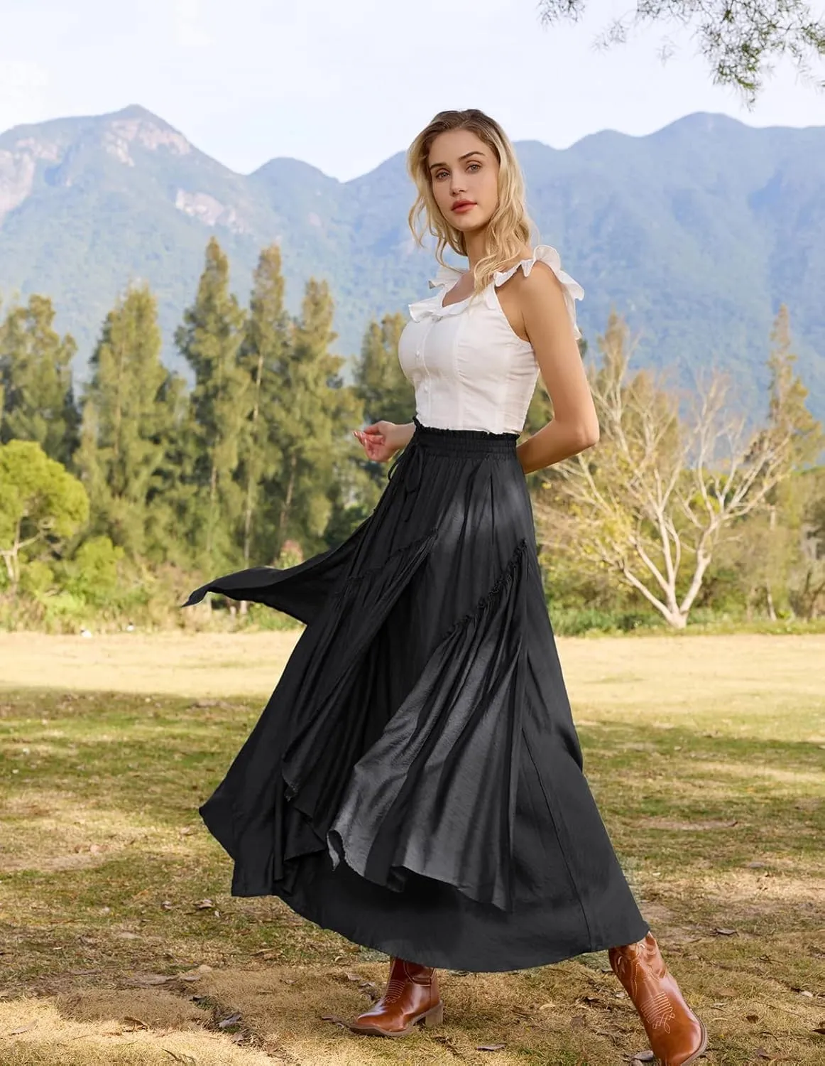 Scarlet Darkness Women Renaissance Layered Long Skirt Elastic High Waist Tiered Skirt with Pockets