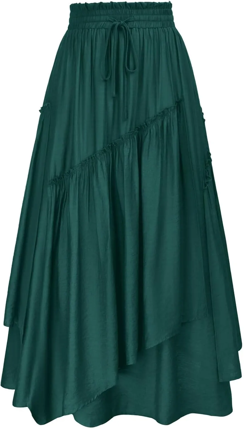 Scarlet Darkness Women Renaissance Layered Long Skirt Elastic High Waist Tiered Skirt with Pockets
