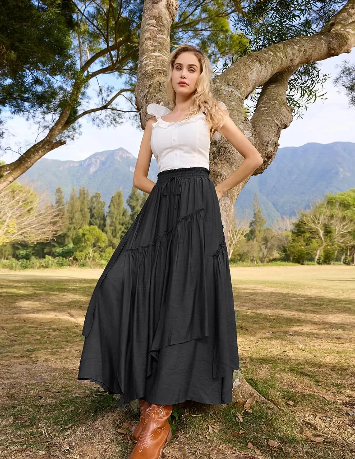 Scarlet Darkness Women Renaissance Layered Long Skirt Elastic High Waist Tiered Skirt with Pockets