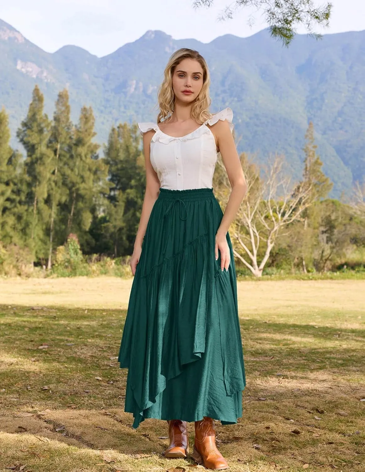 Scarlet Darkness Women Renaissance Layered Long Skirt Elastic High Waist Tiered Skirt with Pockets