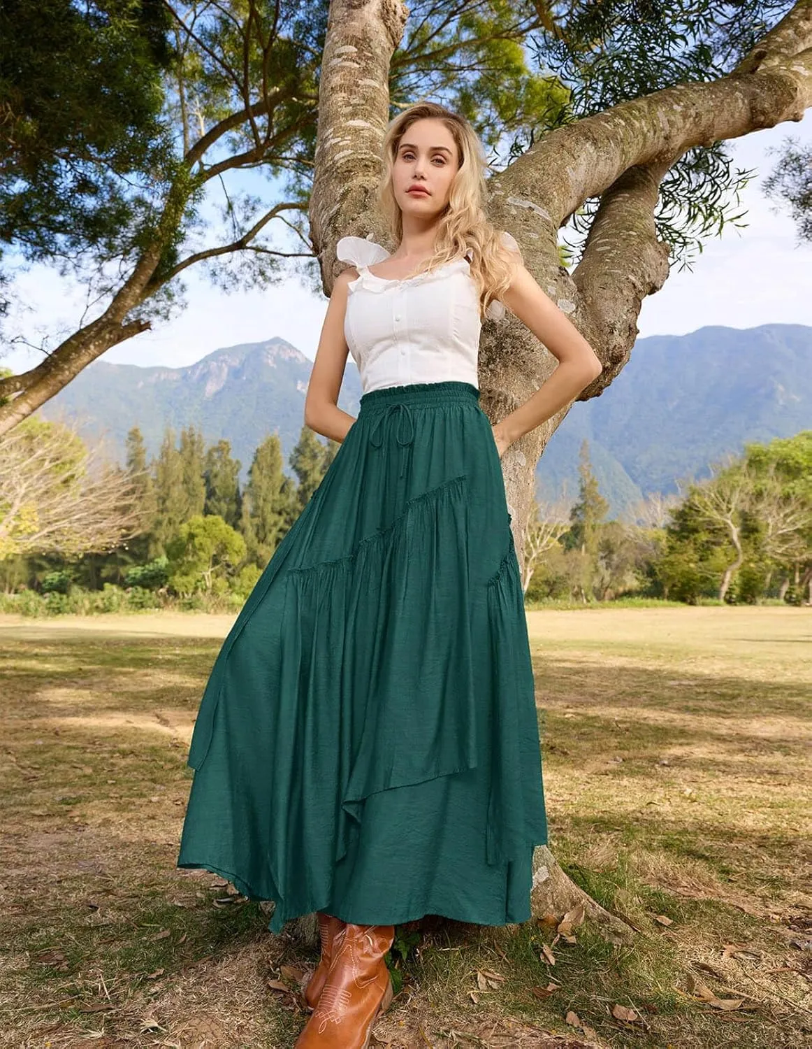 Scarlet Darkness Women Renaissance Layered Long Skirt Elastic High Waist Tiered Skirt with Pockets