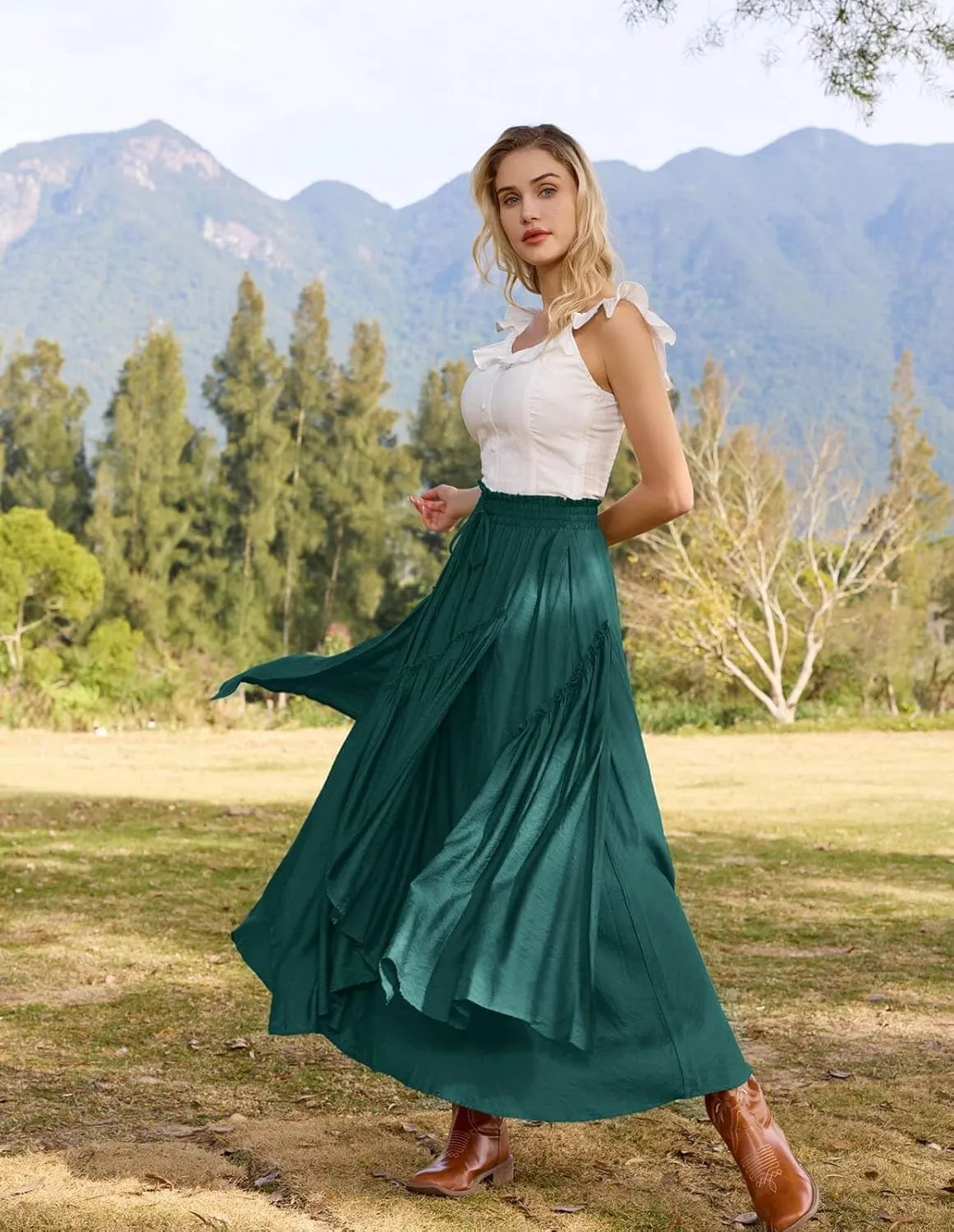 Scarlet Darkness Women Renaissance Layered Long Skirt Elastic High Waist Tiered Skirt with Pockets
