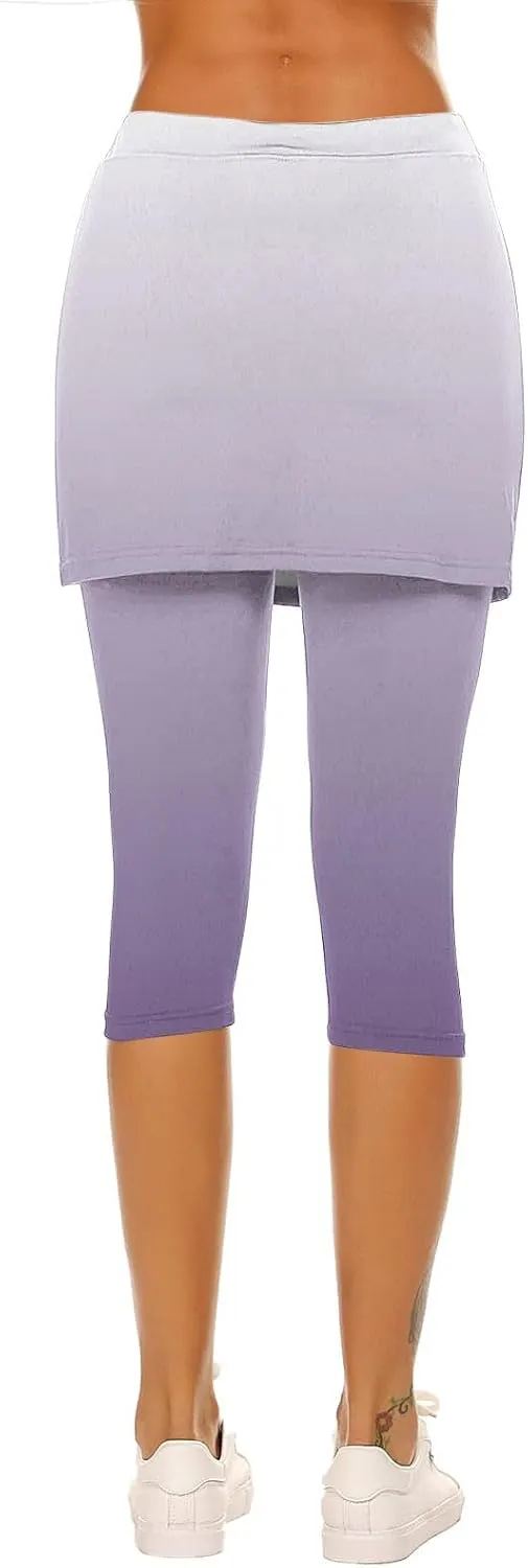 Skirted Leggings for Women Tennis Golf Skorts Capris Gym Yoga Legging with Skirts Gradient Color Workout Capri Pants