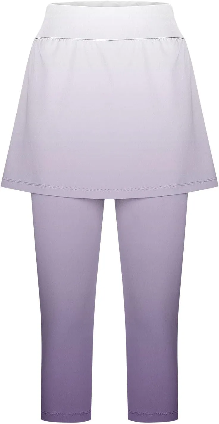 Skirted Leggings for Women Tennis Golf Skorts Capris Gym Yoga Legging with Skirts Gradient Color Workout Capri Pants