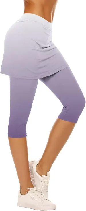Skirted Leggings for Women Tennis Golf Skorts Capris Gym Yoga Legging with Skirts Gradient Color Workout Capri Pants