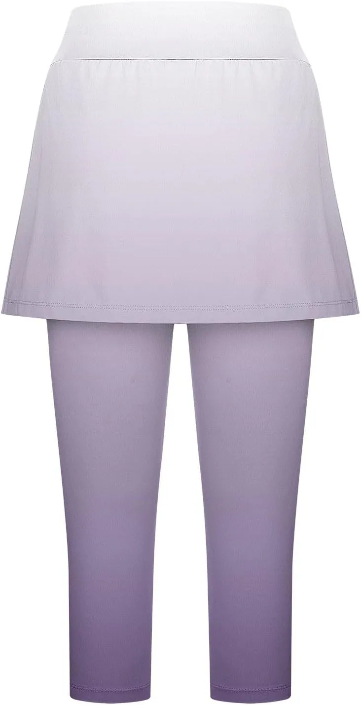 Skirted Leggings for Women Tennis Golf Skorts Capris Gym Yoga Legging with Skirts Gradient Color Workout Capri Pants