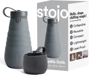 STOJO Collapsible Water Bottle  Carbon Gray, 20oz / 592ml - Leak-Proof Reusable Silicone Travel Cup for Hot & Cold Drinks - Microwave & Dishwasher Safe