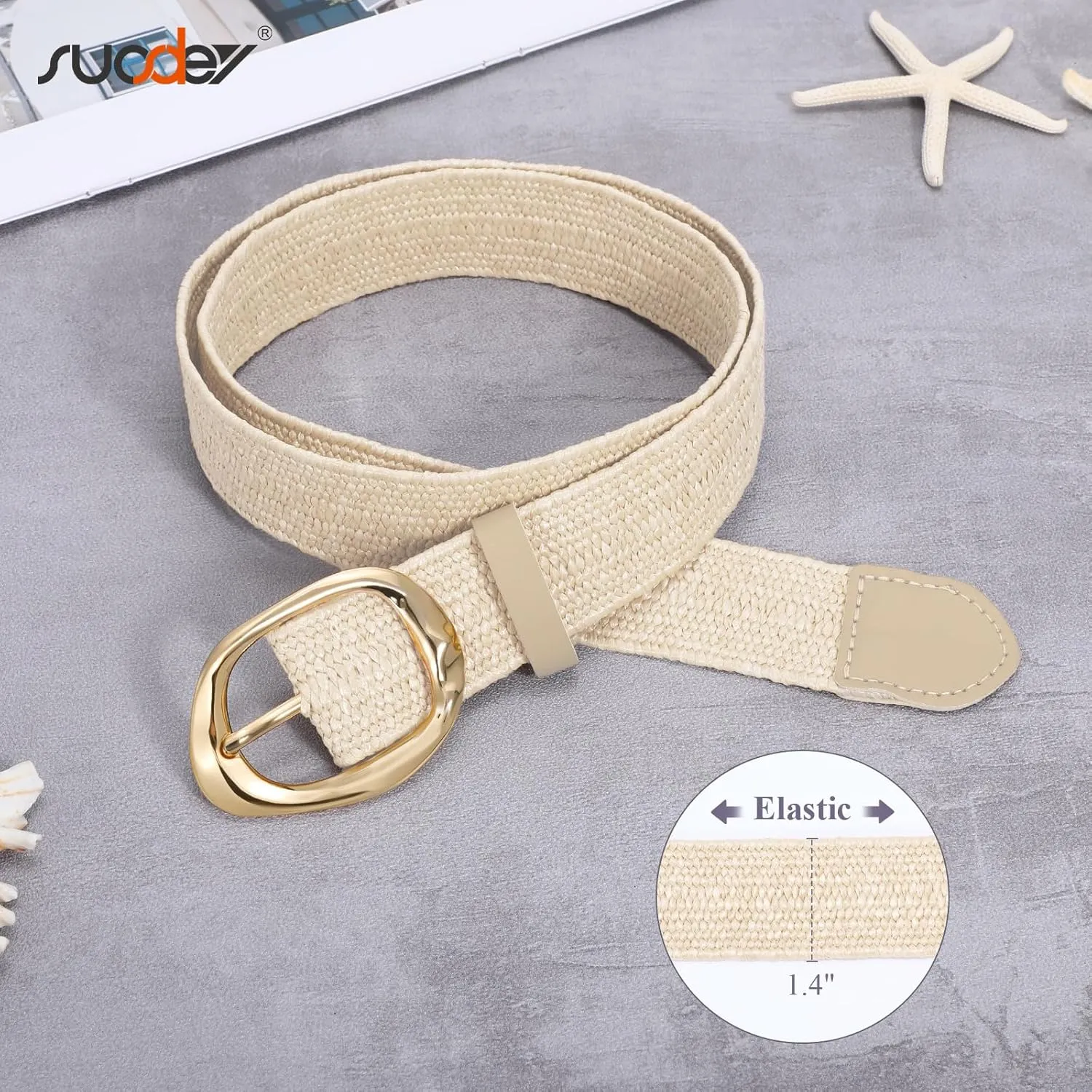 SUOSDEY Women Straw Woven Elastic Belt for Dresses,Boho Rattan Braided Stretch Ladies Waist Belt with Gold Buckle