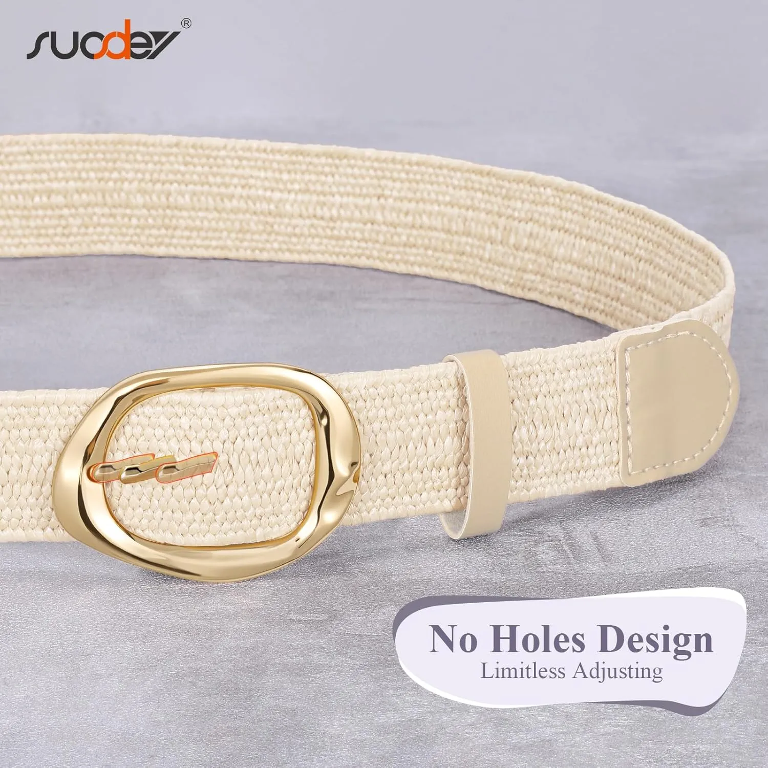 SUOSDEY Women Straw Woven Elastic Belt for Dresses,Boho Rattan Braided Stretch Ladies Waist Belt with Gold Buckle
