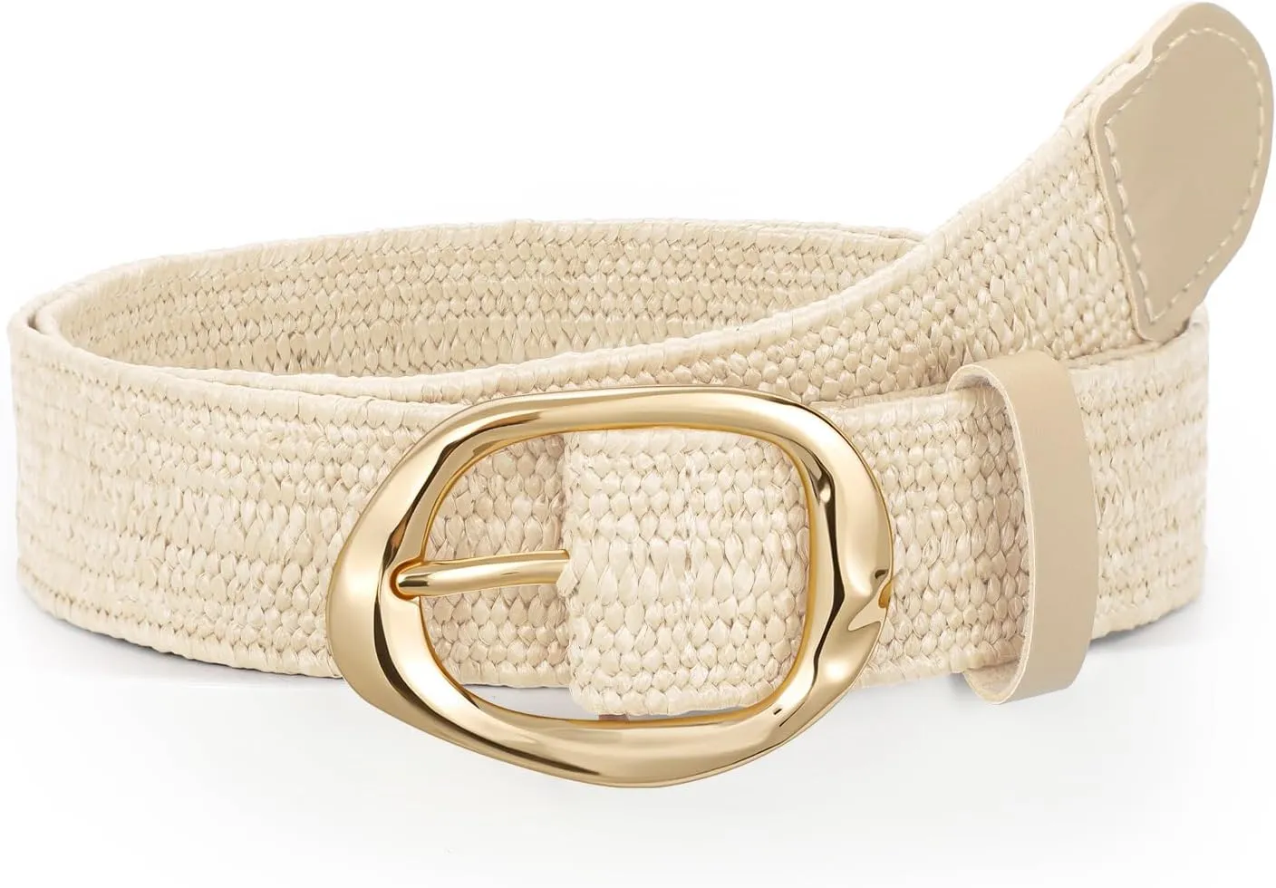 SUOSDEY Women Straw Woven Elastic Belt for Dresses,Boho Rattan Braided Stretch Ladies Waist Belt with Gold Buckle