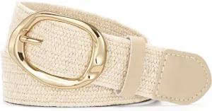 SUOSDEY Women Straw Woven Elastic Belt for Dresses,Boho Rattan Braided Stretch Ladies Waist Belt with Gold Buckle