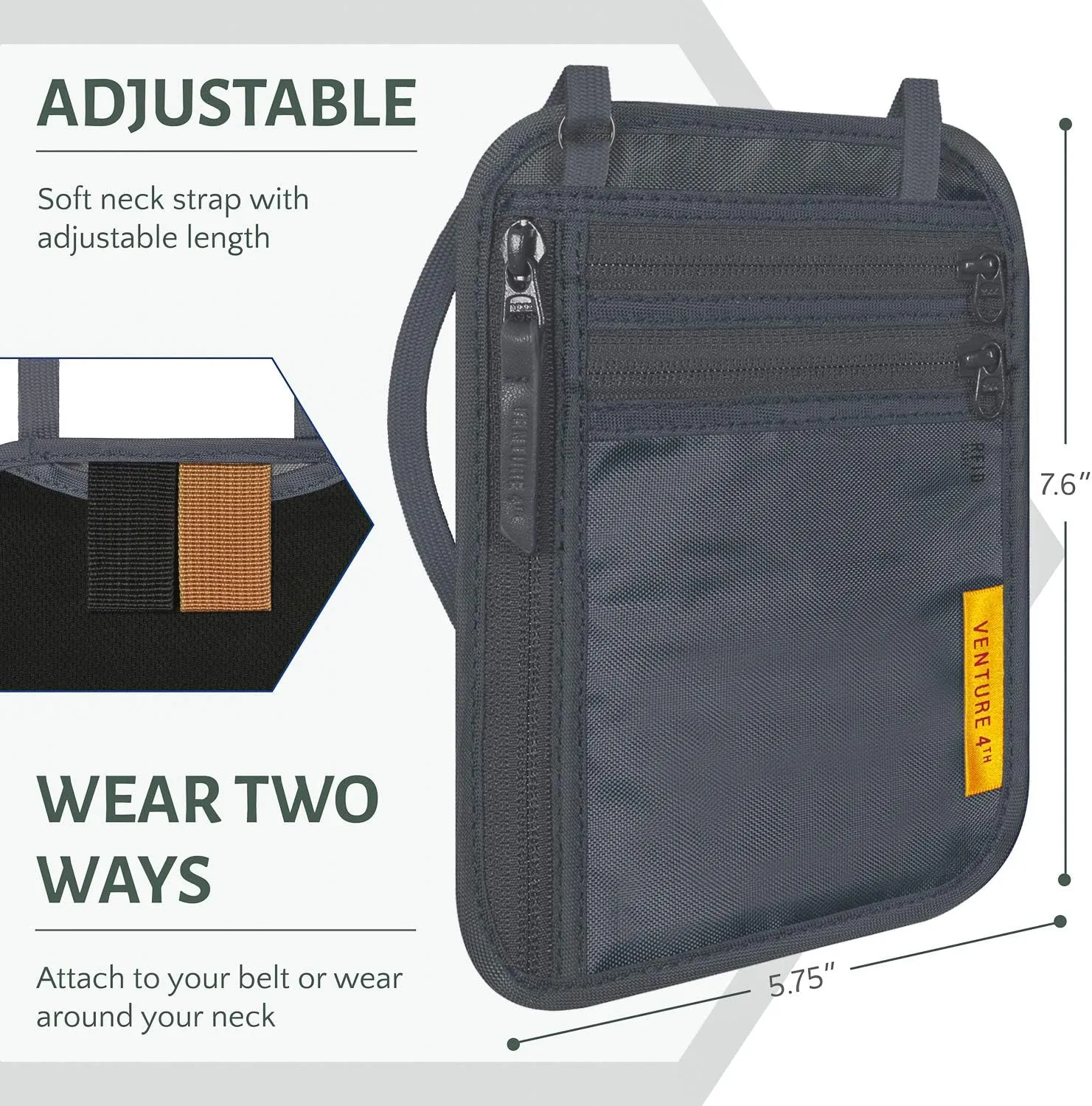 VENTURE 4TH Slim Passport Holder Neck Pouch with RFID Blocking Travel Neck Wallet and a Nylon Lining (Gray)