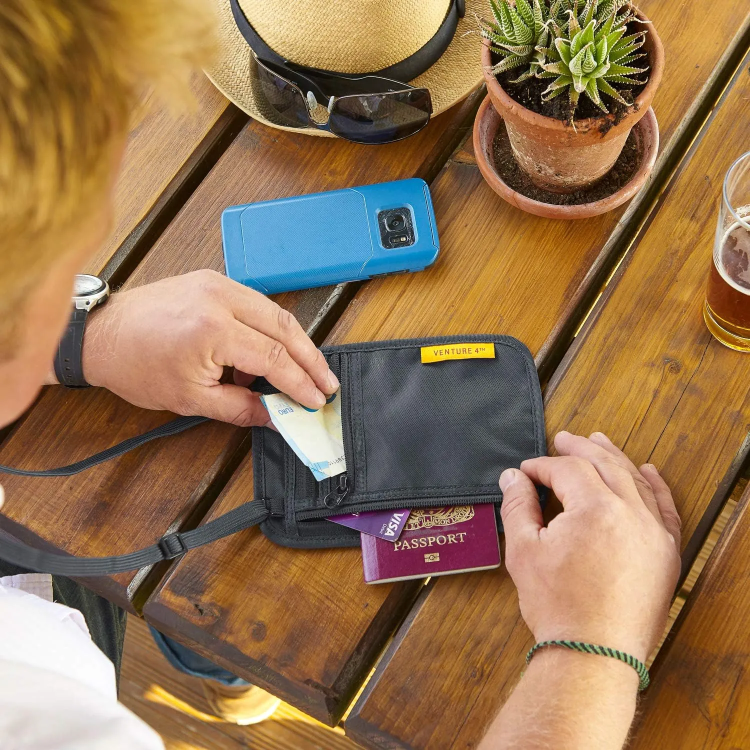 VENTURE 4TH Slim Passport Holder Neck Pouch with RFID Blocking Travel Neck Wallet and a Nylon Lining (Gray)