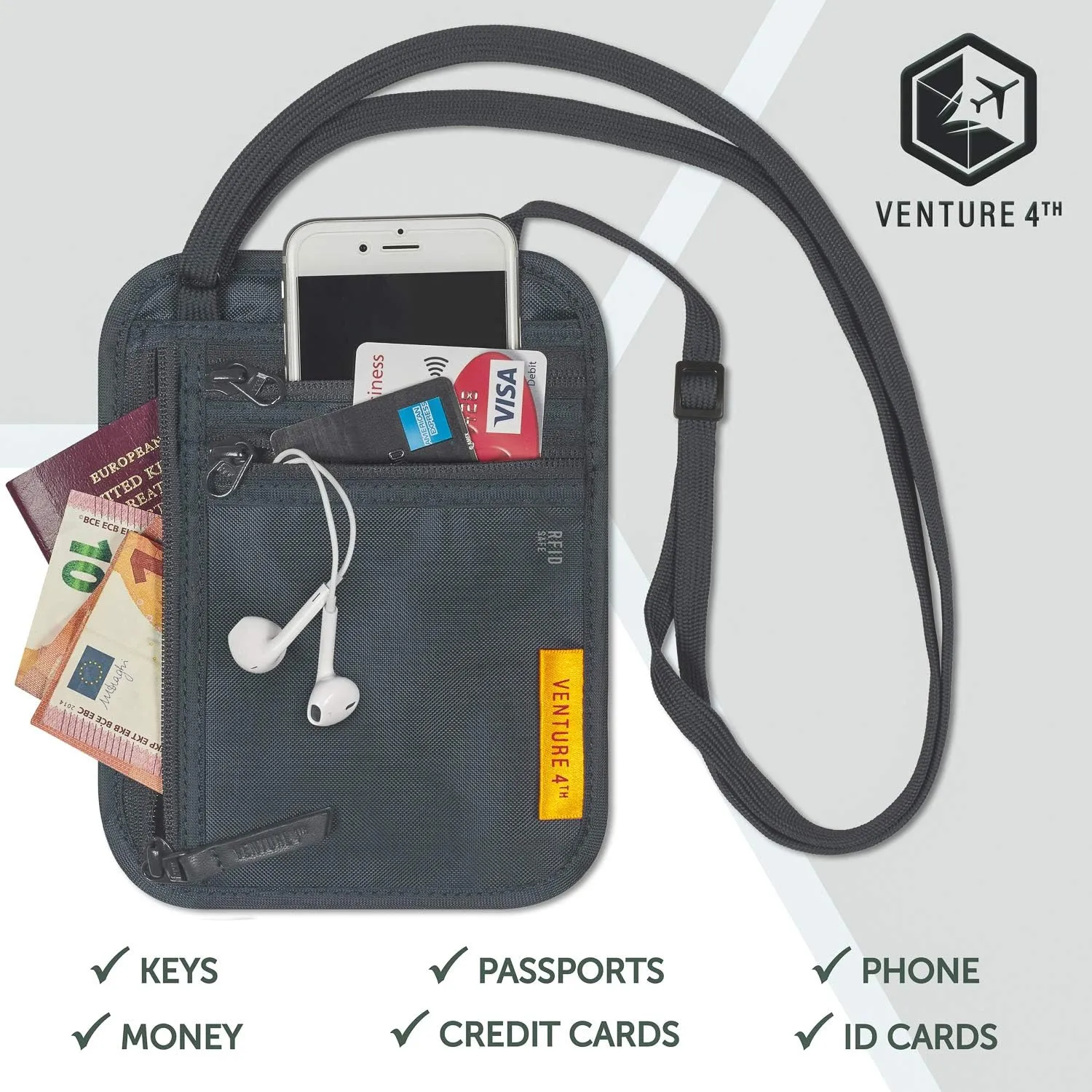 VENTURE 4TH Slim Passport Holder Neck Pouch with RFID Blocking Travel Neck Wallet and a Nylon Lining (Gray)