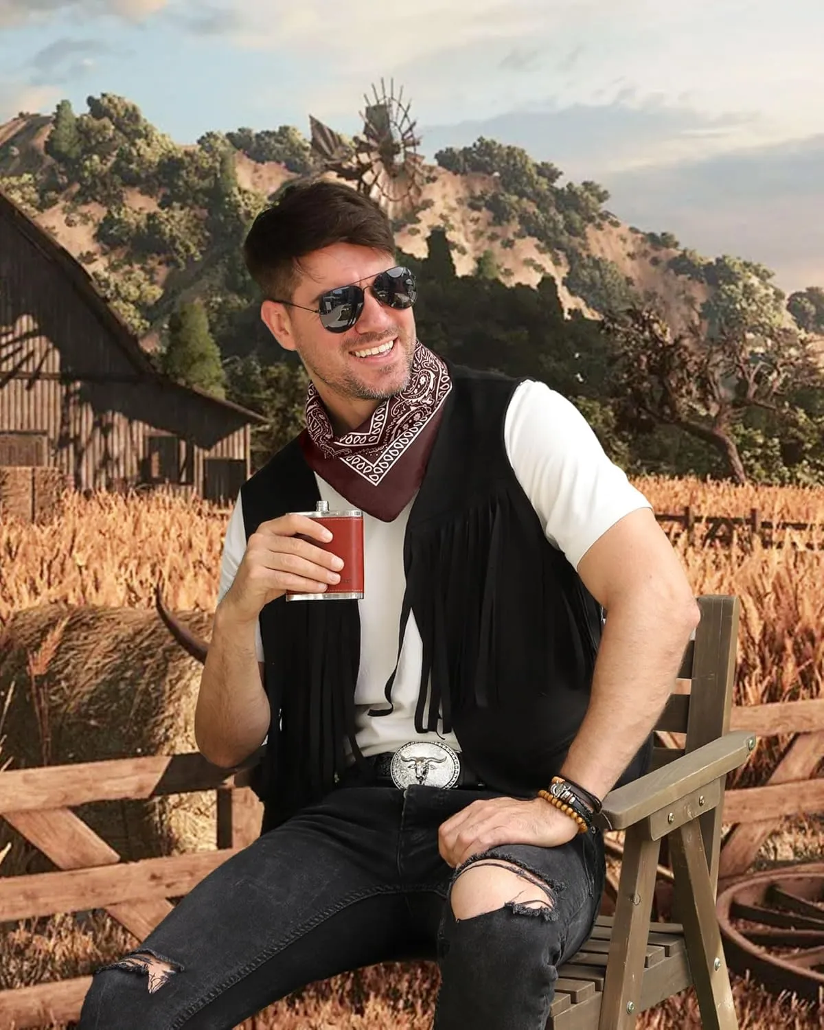 Western Cowboy Costume Outfit for Men,Cowboy Vest Buckle Belt Accessories for Halloween Cosplay Party