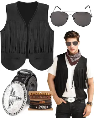 Western Cowboy Costume Outfit for Men,Cowboy Vest Buckle Belt Accessories for Halloween Cosplay Party