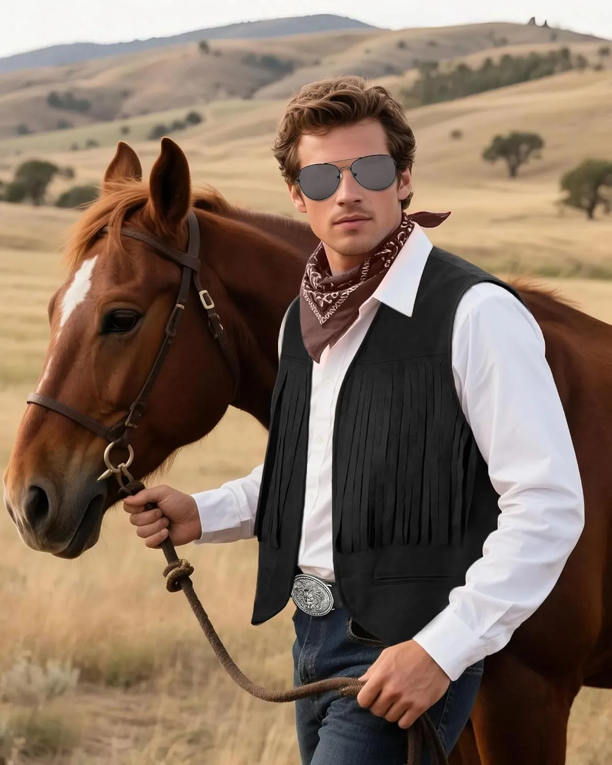 Western Cowboy Costume Outfit for Men,Cowboy Vest Buckle Belt Accessories for Halloween Cosplay Party