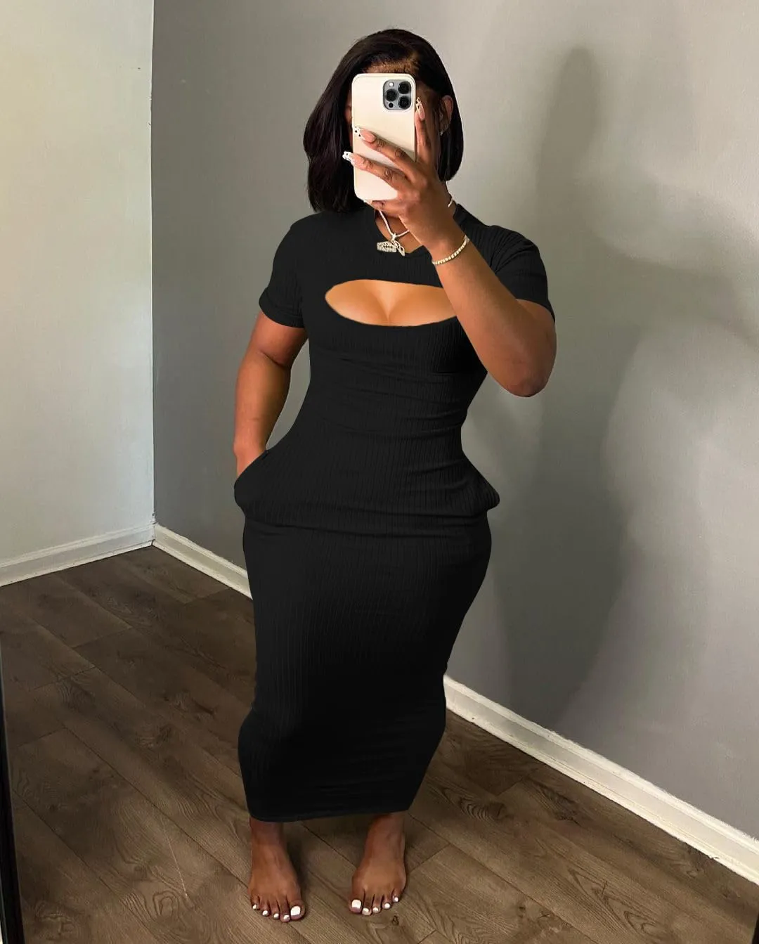 Women's Casual Short Sleeve Dress T Shirt Bodycon Dresses Ribbed V Neck Maxi Sundress Basic Party Club Dress with Pocket