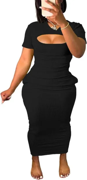 Women's Casual Short Sleeve Dress T Shirt Bodycon Dresses Ribbed V Neck Maxi Sundress Basic Party Club Dress with Pocket