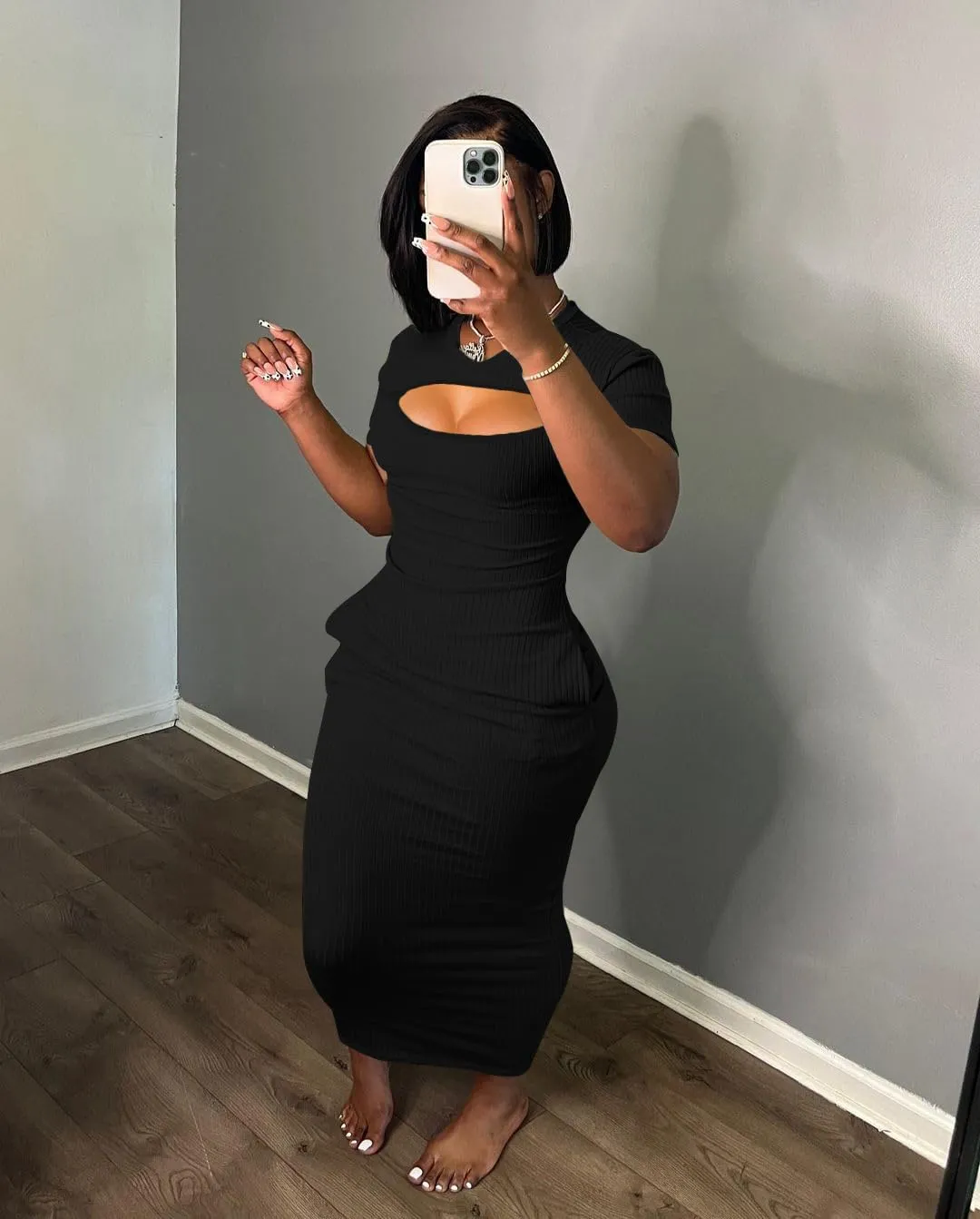 Women's Casual Short Sleeve Dress T Shirt Bodycon Dresses Ribbed V Neck Maxi Sundress Basic Party Club Dress with Pocket